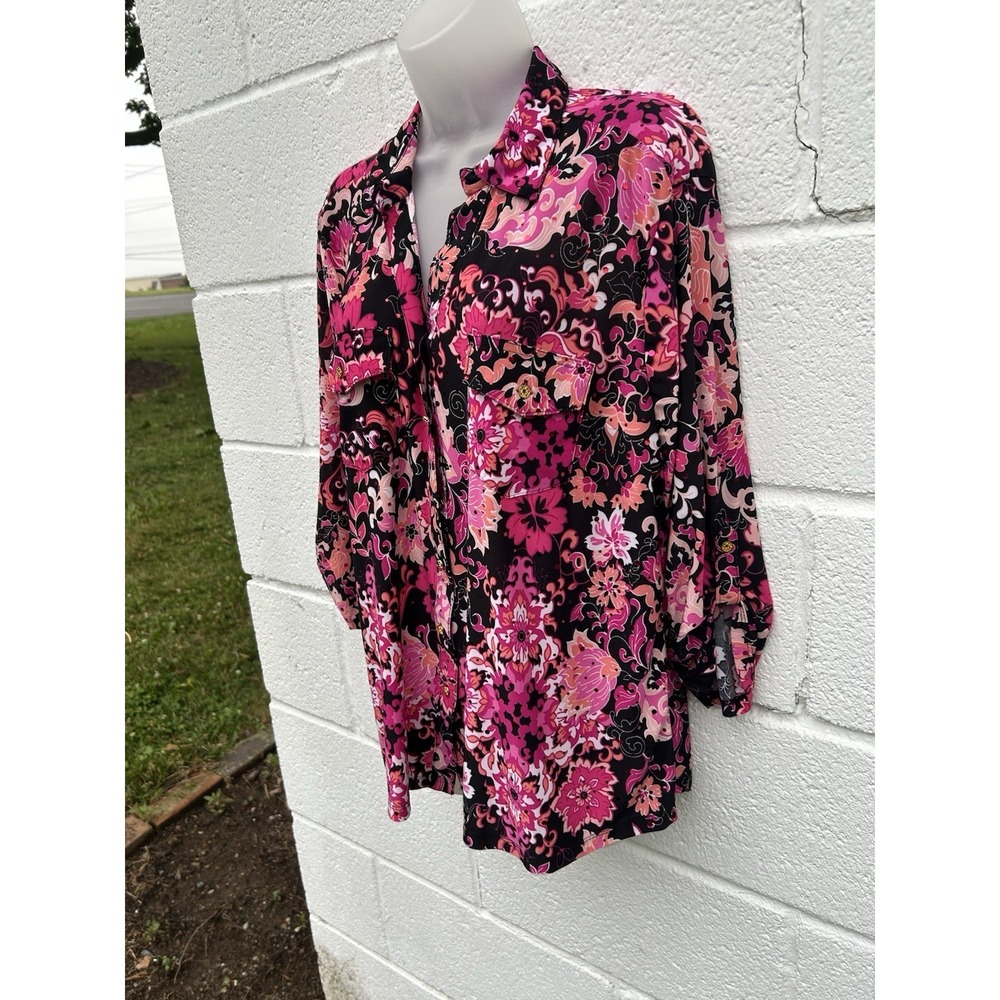 Emily Daniels XL Black Pink Floral Collared Sequin Button-Up 3/4 Sleeve Blouse - Picture 4 of 14